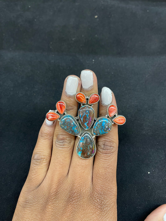 Natural Turquoise & Spiny Oyster Adjustable Cactus Ring by Calvin Delgarito,Navajo