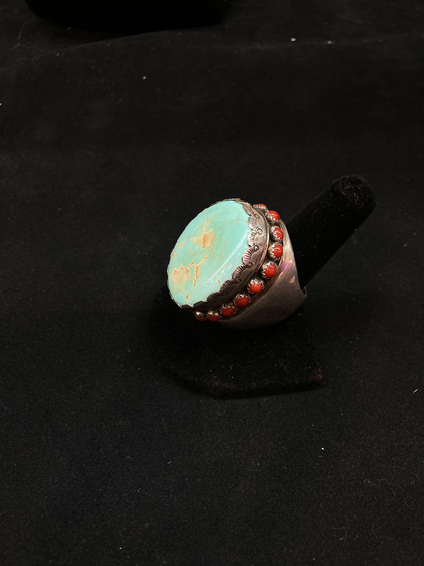 10.0 Heavy #8Turquoise and Red Coral Ring by Russel Sam, Navajo