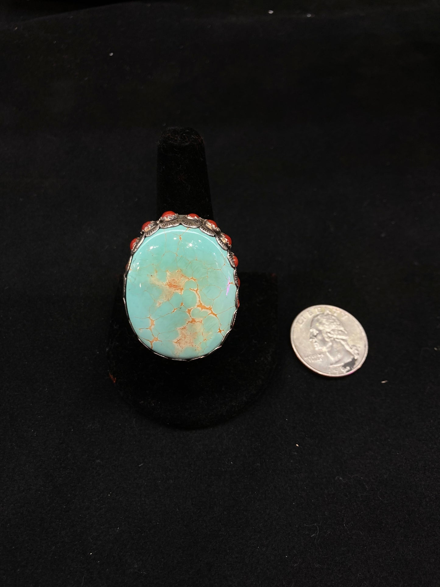 10.0 Heavy #8Turquoise and Red Coral Ring by Russel Sam, Navajo