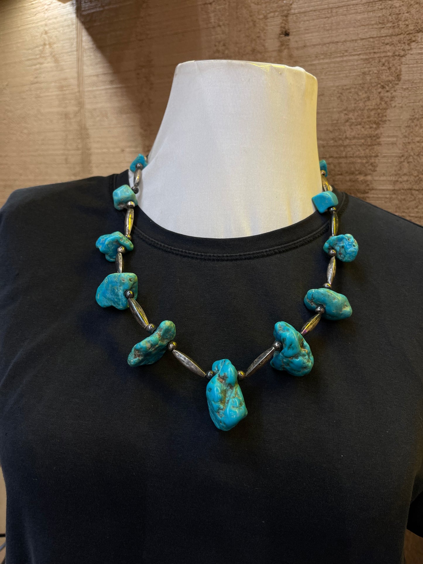 22” Vintage Turquoise Nugget Necklace With Navajo Pearls