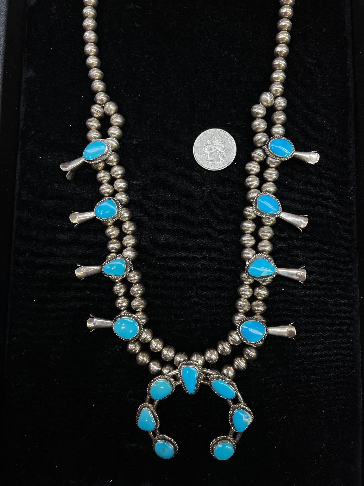 Vintage Turquoise and 7mm Navajo Pearl 26”+2” Necklace Naja￼