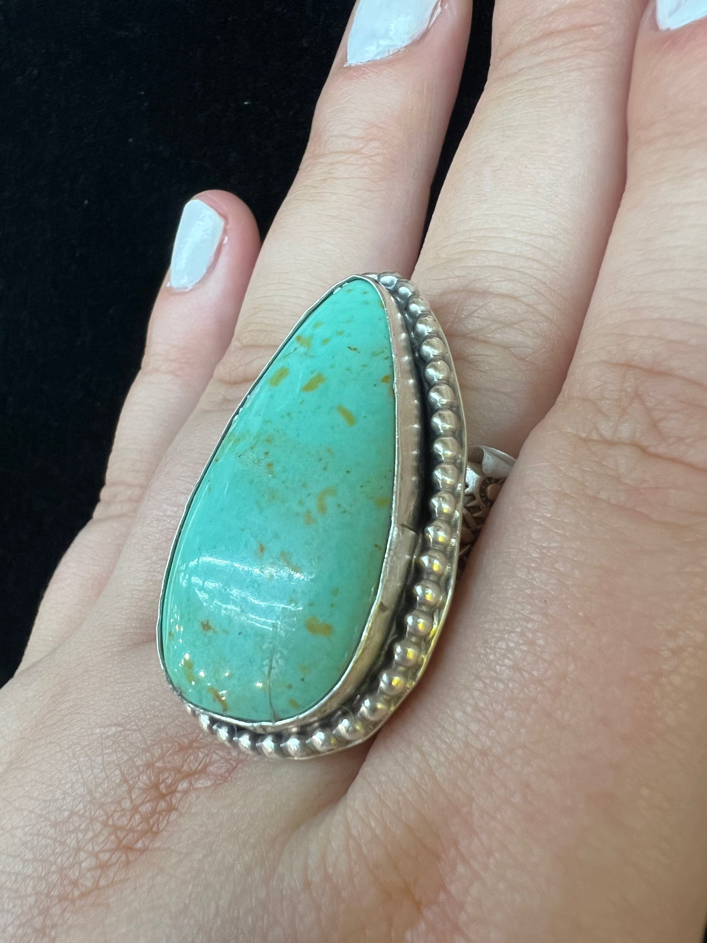 Larger Size Adjustable Turquoise Stone Ring by Philbert Nez Navajo (Fits sizes 9-12)