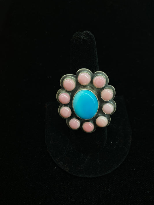 8.5 Pink Conch Shell and Kingman Turquoise Ring