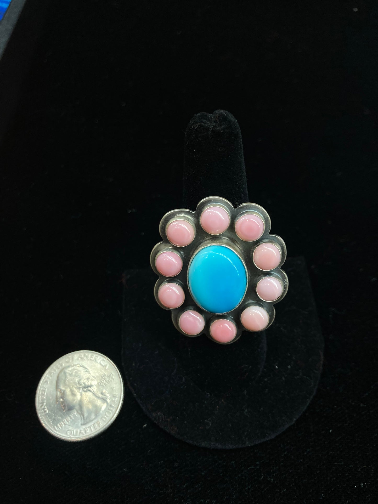 8.5 Pink Conch Shell and Kingman Turquoise Ring