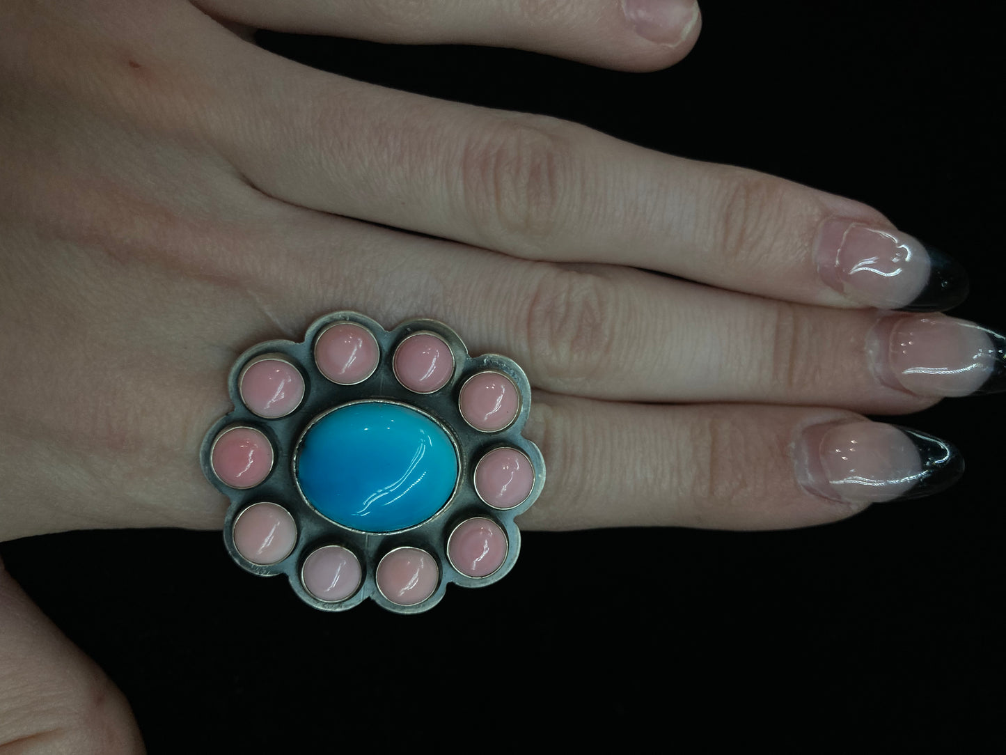 8.5 Pink Conch Shell and Kingman Turquoise Ring