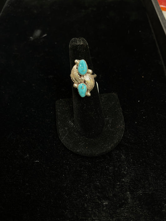 6.0 Turquoise and Silver Leaf Pattern Ring By Carmelita and Dan Simplicic, Zuni