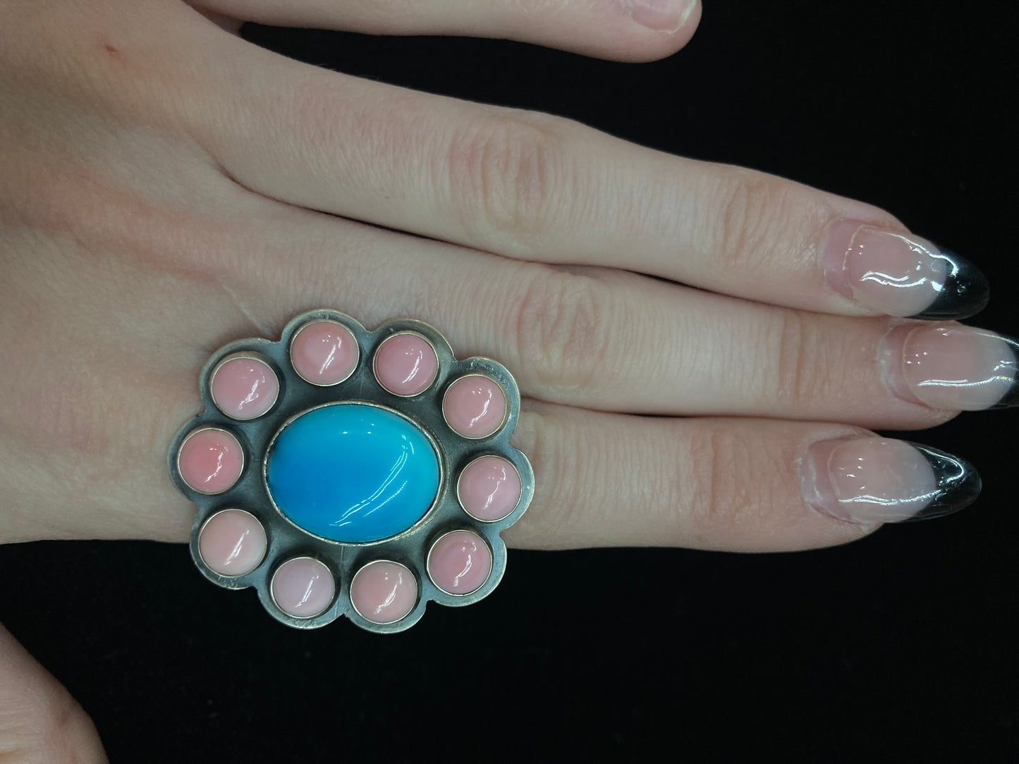 8.5 Pink Conch Shell and Kingman Turquoise Ring