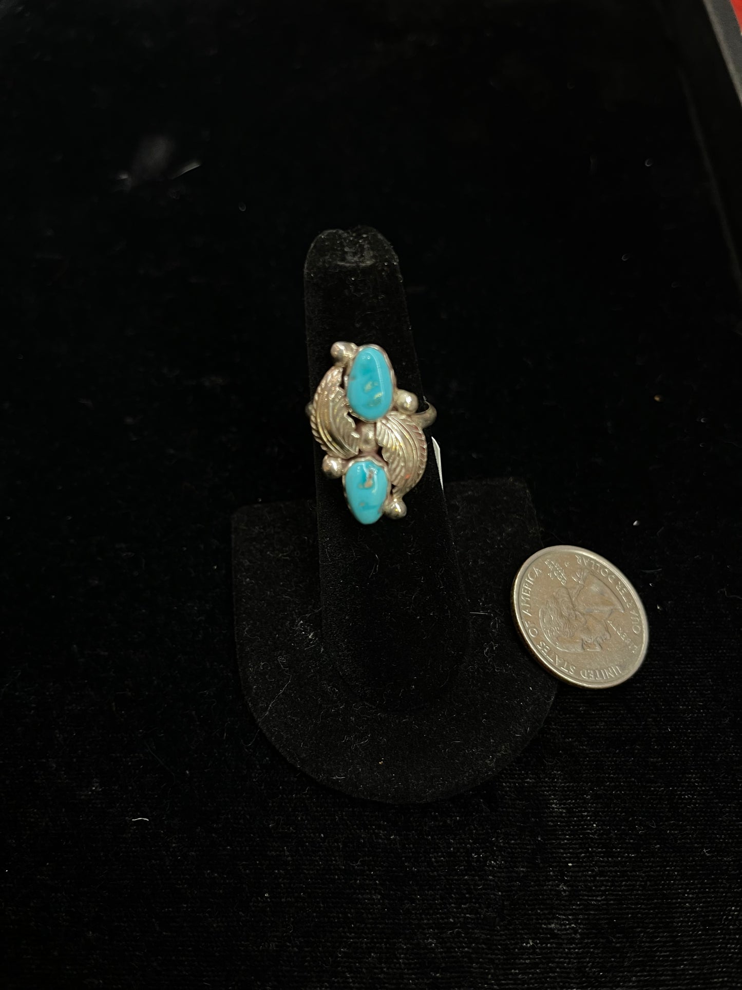 6.0 Turquoise and Silver Leaf Pattern Ring By Carmelita and Dan Simplicic, Zuni