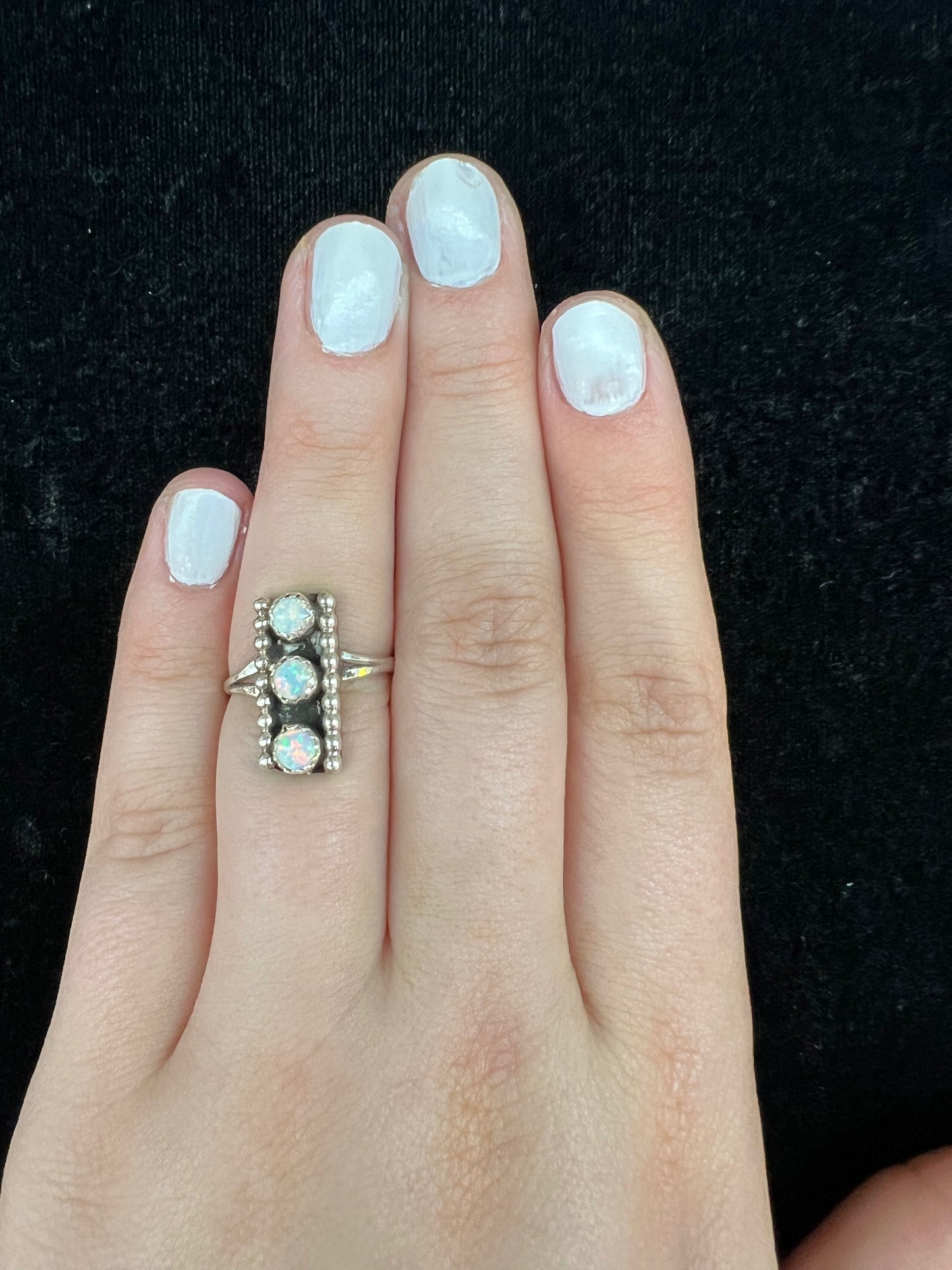 Dainty Three White Opals Ring (Size 4.5)