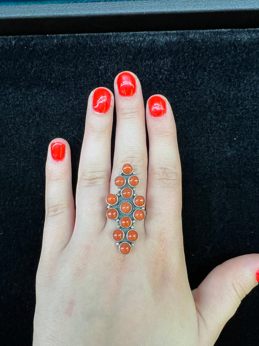 Red Coral Diamond Shaped Cluster Adjustable Ring (Fits Sizes 5.0-11.0)