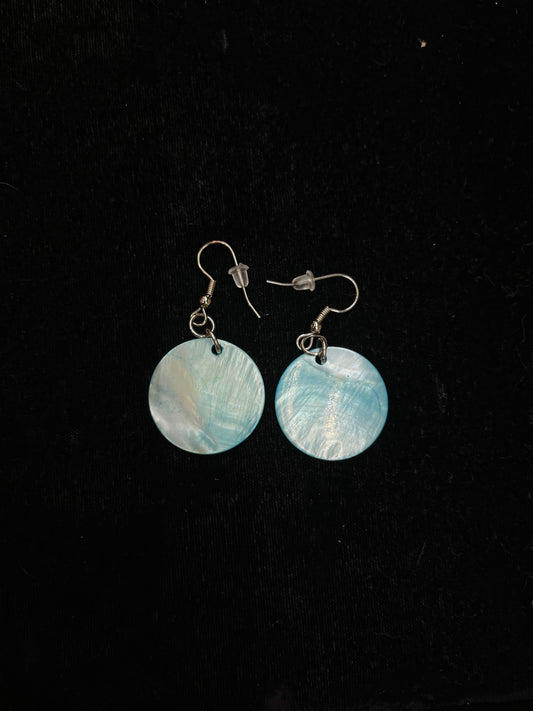 Blue Mother Of Pearl Dangle Circle Shell Earrings by Rhonda Kohnle, Osage