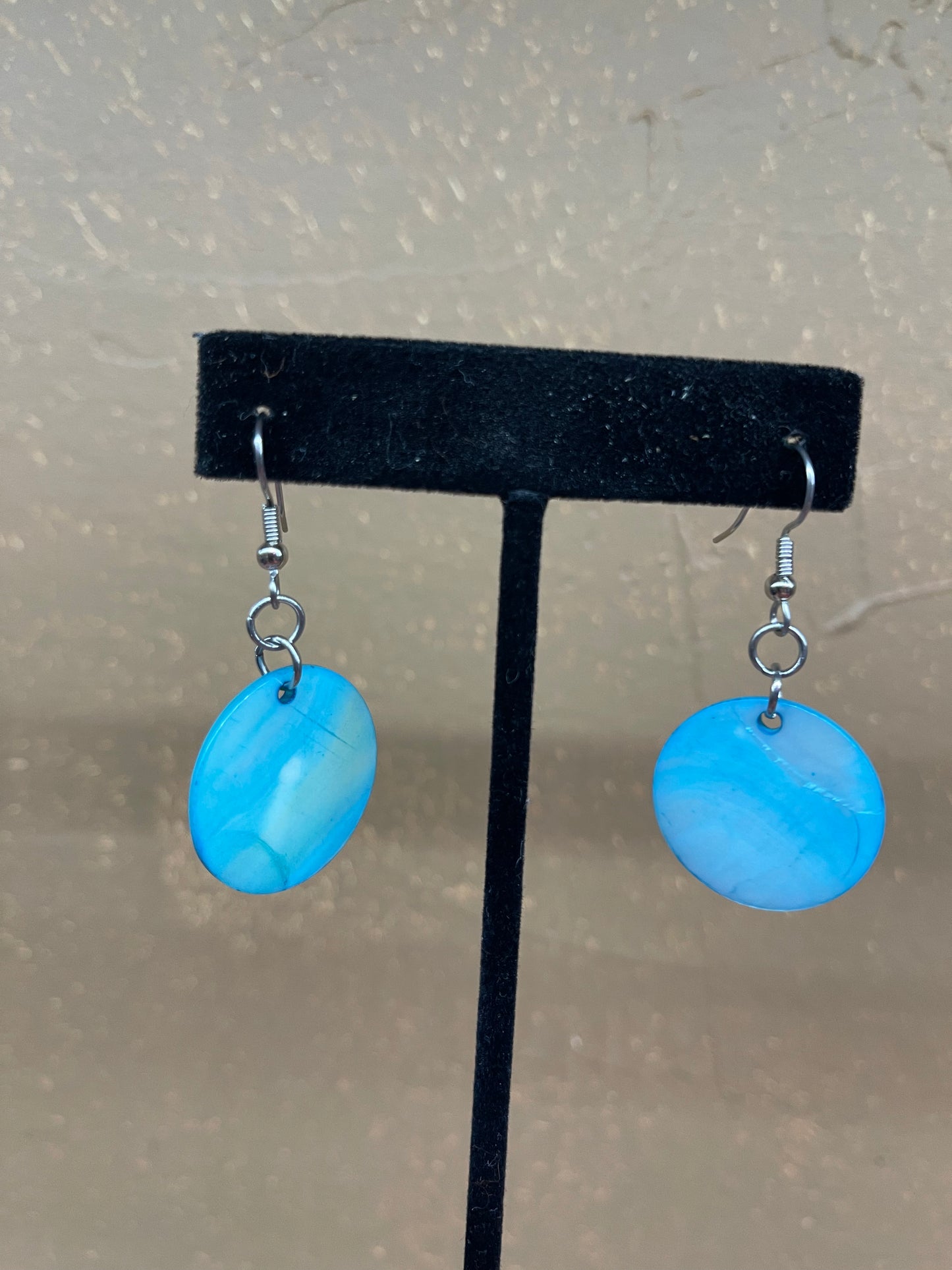 Blue Mother Of Pearl Dangle Circle Shell Earrings by Rhonda Kohnle, Osage