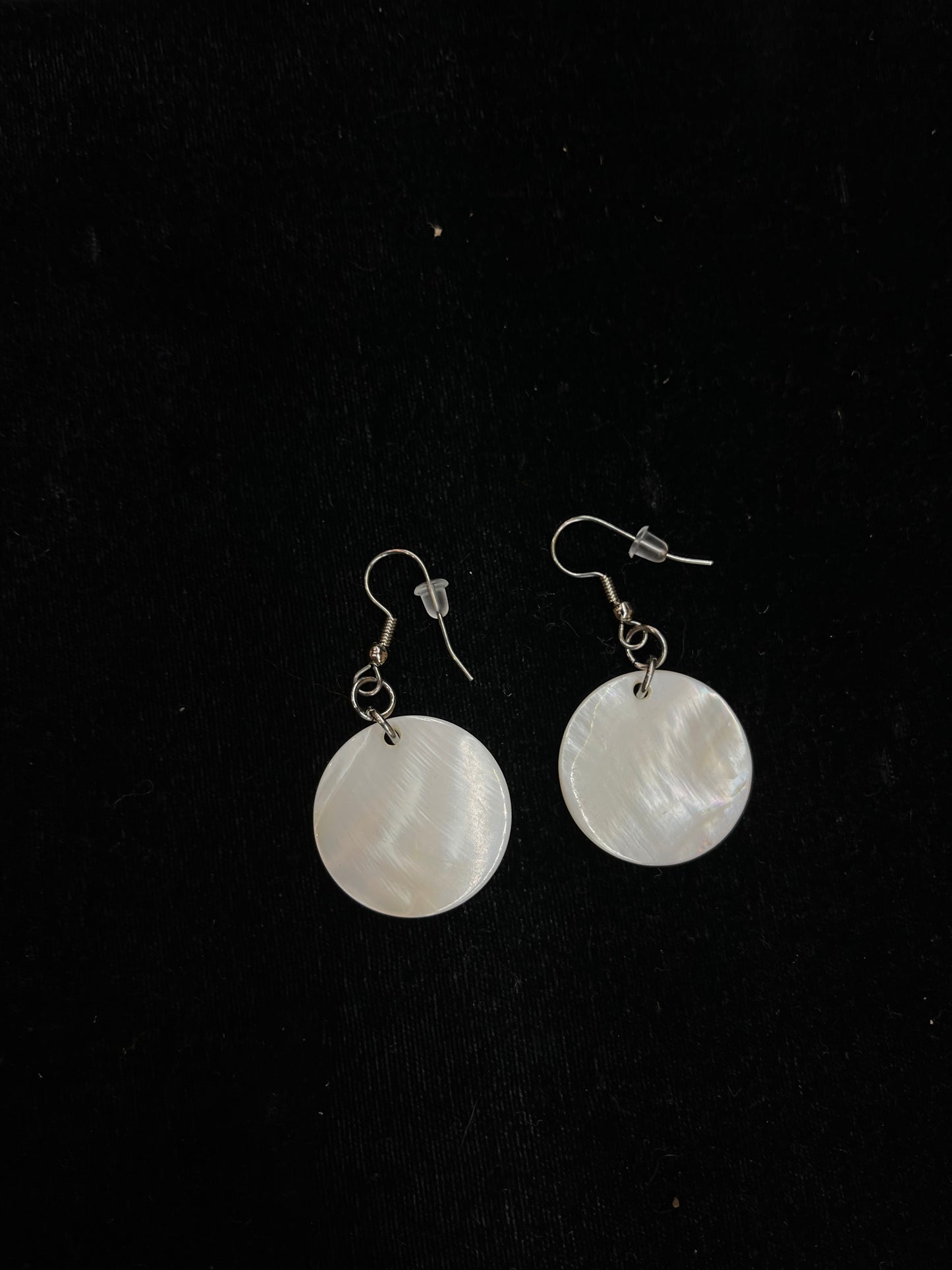 White Mother Of Pearl Dangle Circle Shell Earrings by Rhonda Kohnle, Osage