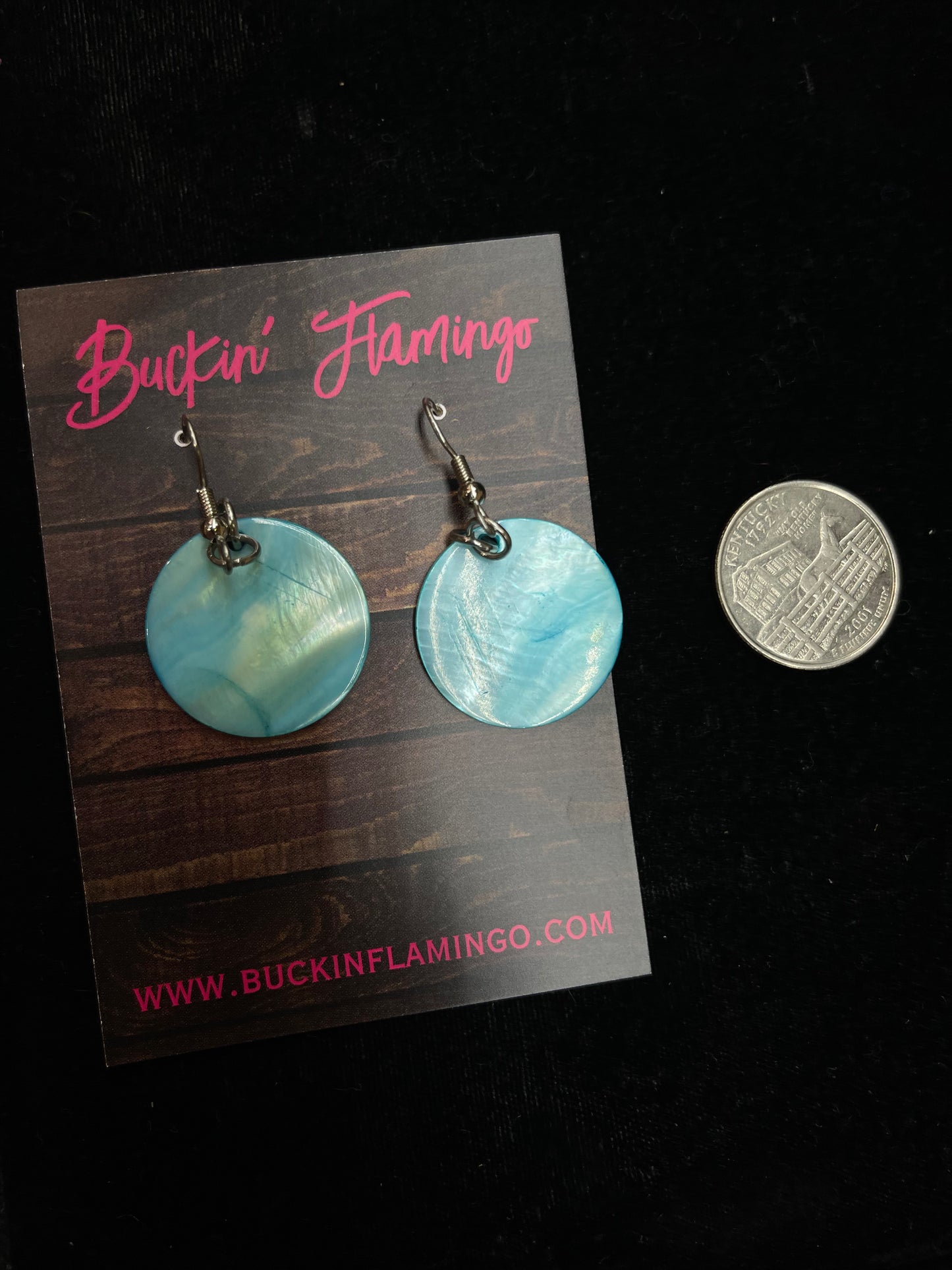 Blue Mother Of Pearl Dangle Circle Shell Earrings by Rhonda Kohnle, Osage