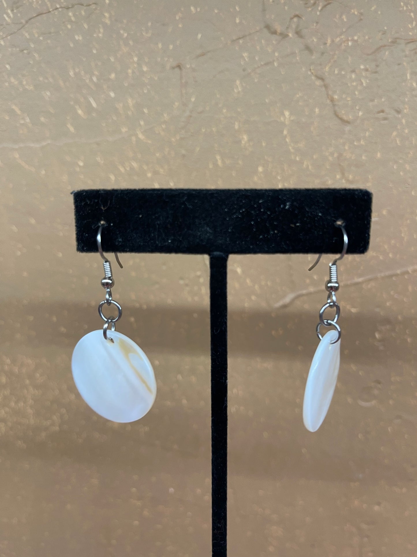 White Mother Of Pearl Dangle Circle Shell Earrings by Rhonda Kohnle, Osage