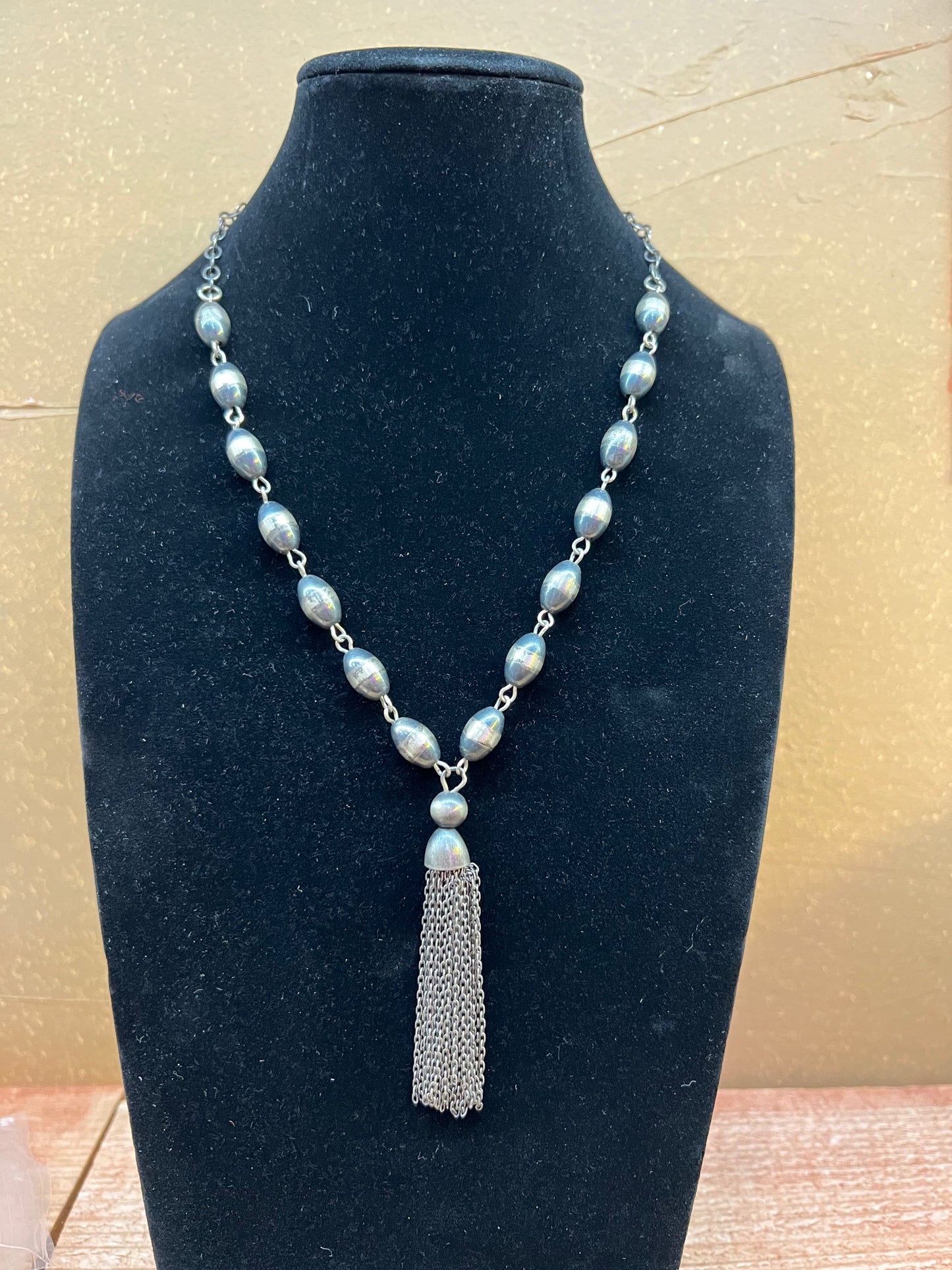 8mm Navajo Pearl and Chain Necklace with Tassel (20” + 3” tassel)