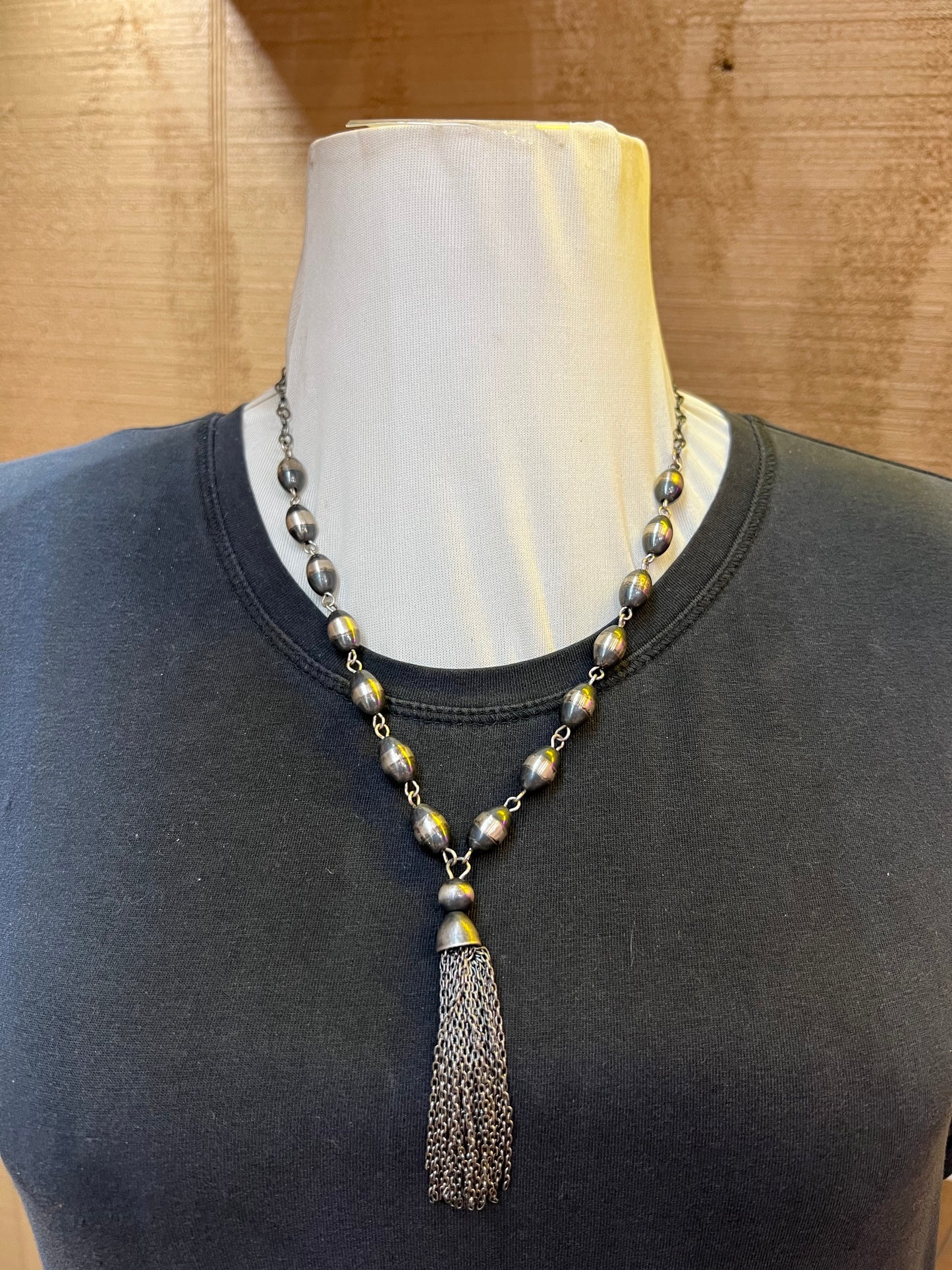 8mm Navajo Pearl and Chain Necklace with Tassel (20” + 3” tassel)