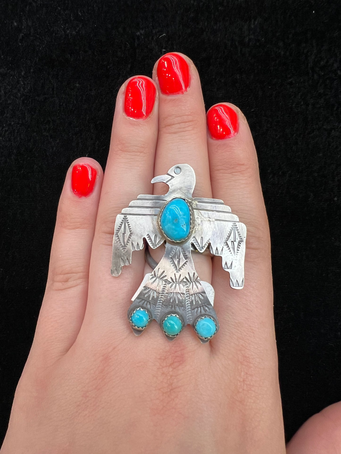 Thunderbird with Four Turquoise Stones Adjustable Ring by L.J.C (Fits sizes 5.0-12.0)