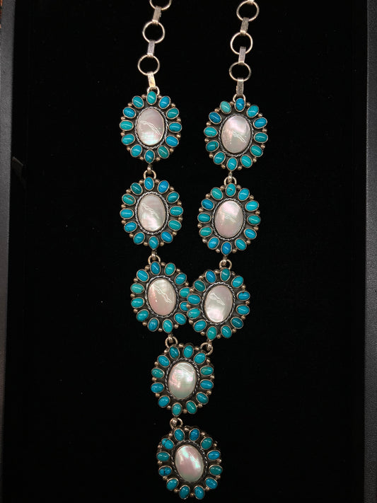 Mother Of Pearl and Sleeping Beauty Turquoise Cluster Lariat Style Necklace 4 Piece Set