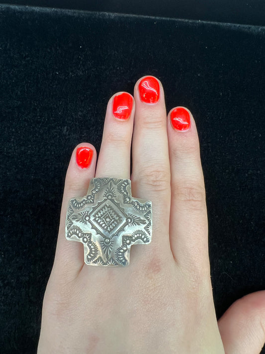 Adjustable (Sizes 6.0 - 10.0) Silver Stamped Ring by Vincent James Platero Navajo made
