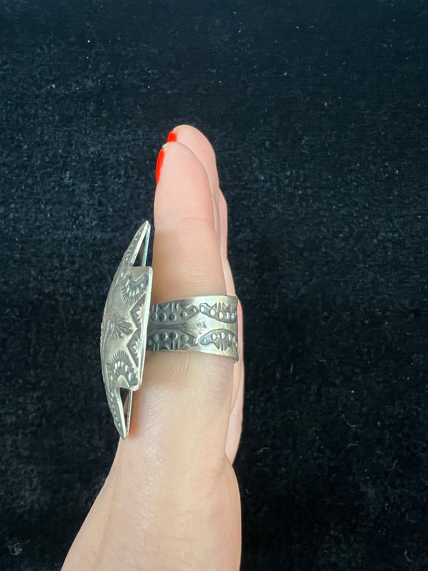 Adjustable (Sizes 6.0 - 10.0) Silver Stamped Ring by Vincent James Platero Navajo made