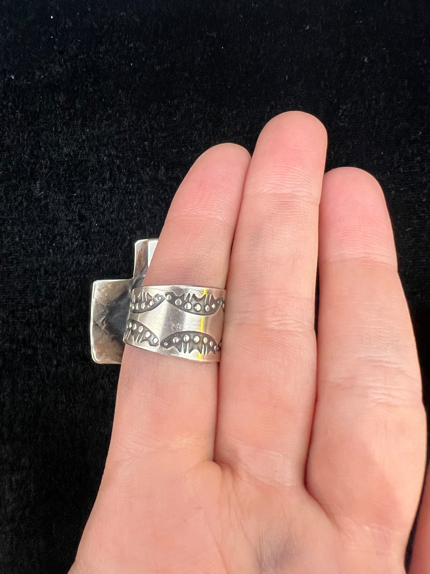 Adjustable (Sizes 6.0 - 10.0) Silver Stamped Ring by Vincent James Platero Navajo made