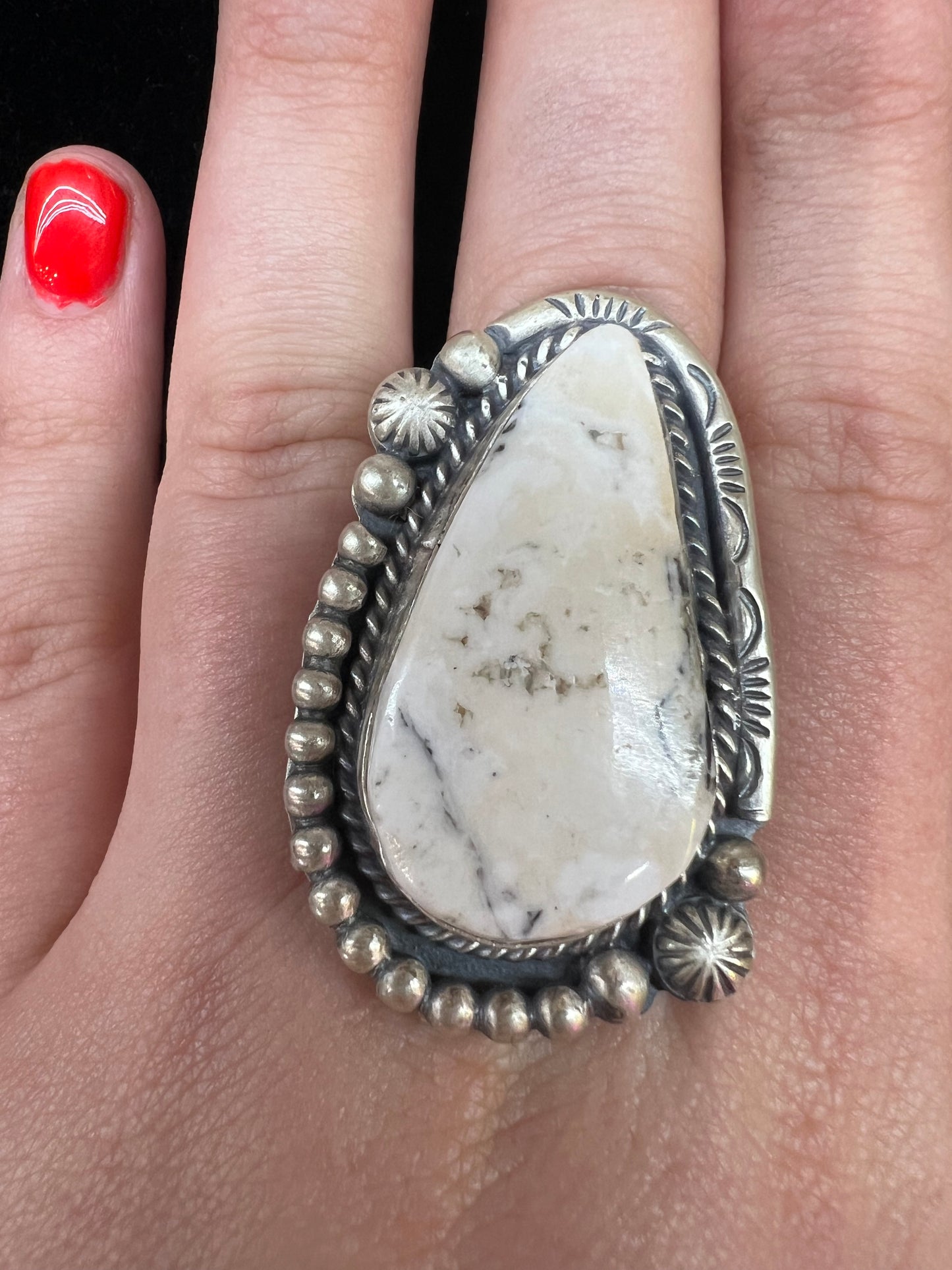 White Buffalo and Sterling Silver ring by Boyd Ashley Navajo made (size 10)