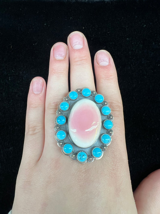 Pink Conch Shell & Sleeping Beauty Turquoise Ring by Zia (Size 9.0)