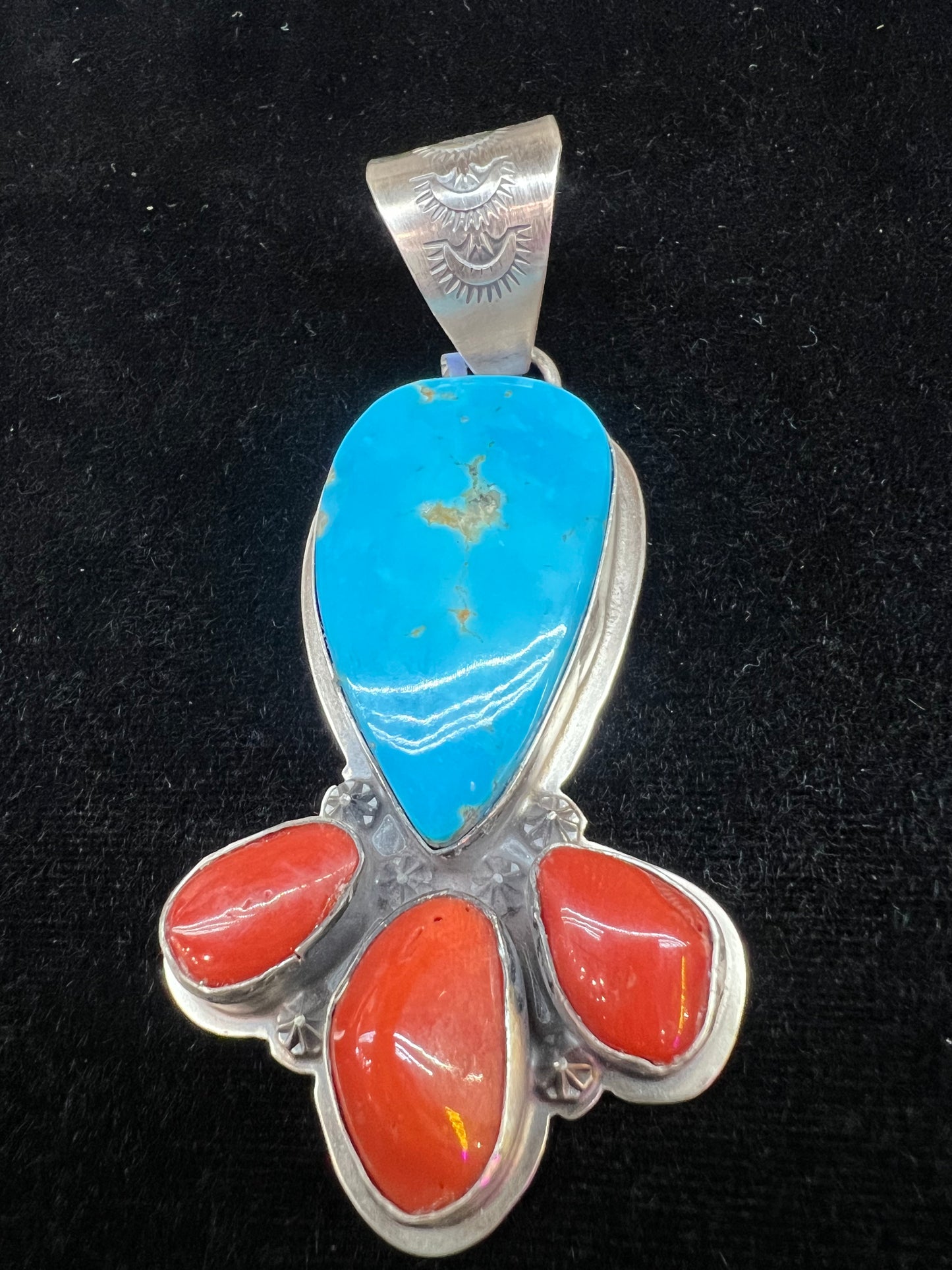 White Water Turquoise & Red Coral Pendant by Calvin Delgarito, Navajo Made (13mm bale)