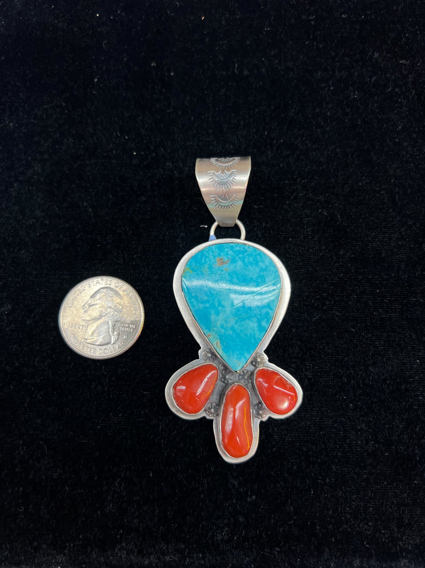 White Water Turquoise & Red Coral Pendant by Calvin Delgarito, Navajo Made (13mm bale)