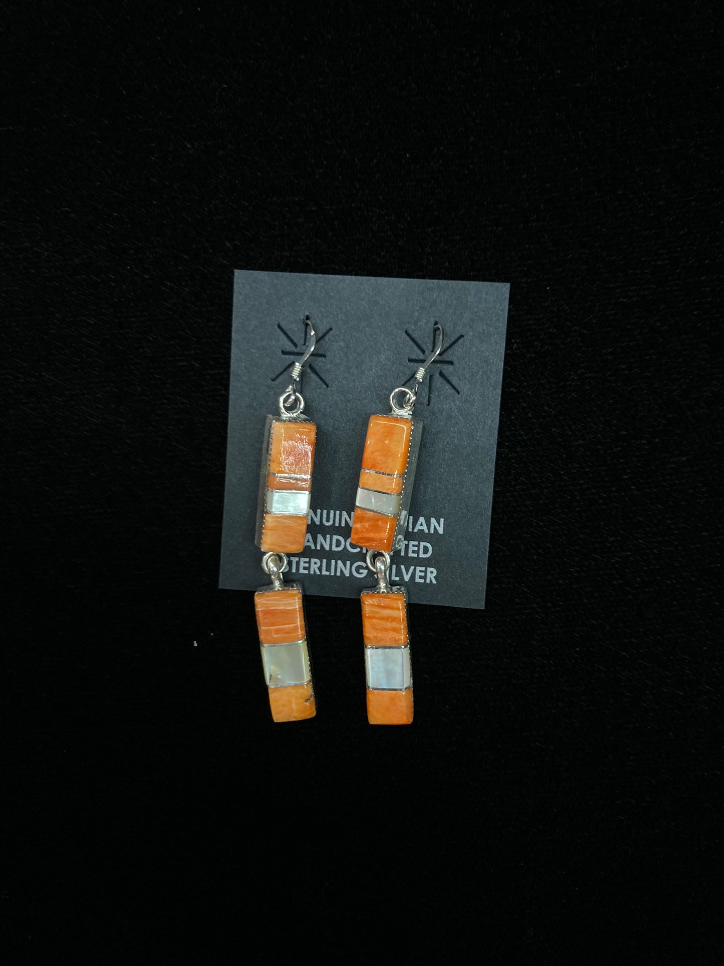 Orange Spiny Oyster Shell and Mother of Pearl Dangle Earrings by Leona Delgarito, Navajo