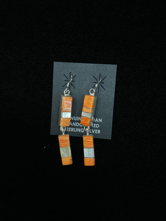 Orange Spiny Oyster Shell and Mother of Pearl Dangle Earrings by Leona Delgarito, Navajo