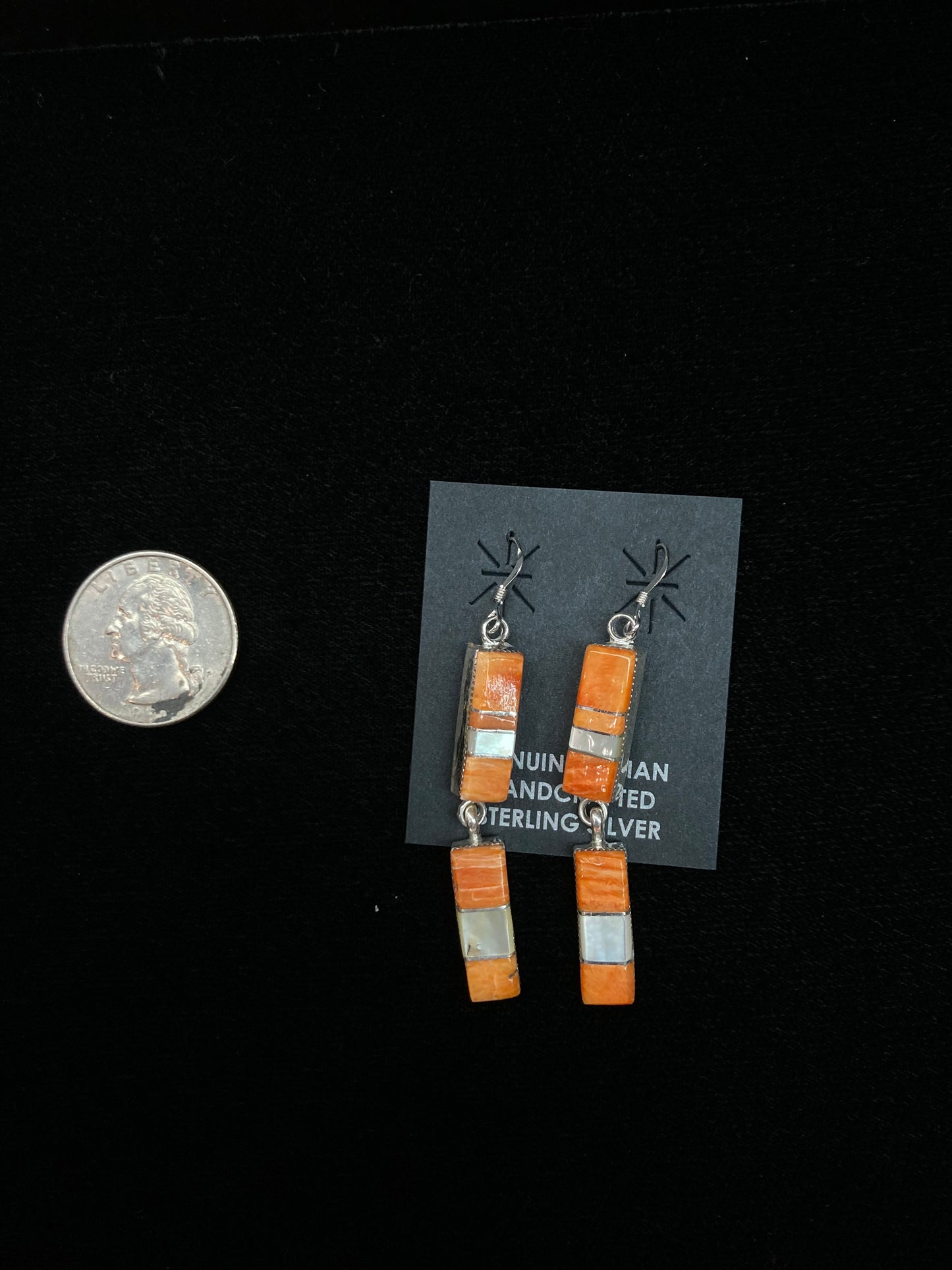 Orange Spiny Oyster Shell and Mother of Pearl Dangle Earrings by Leona Delgarito, Navajo