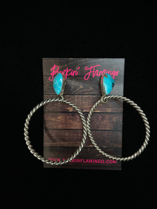 Turquoise Post Dangle Twisted Hoop Earrings by Jerome Lee, Navajo