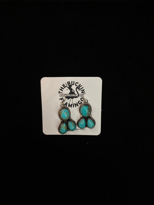 3 Stone Kingman Turquoise Dangle Earrings by Freda Martinez, Navajo