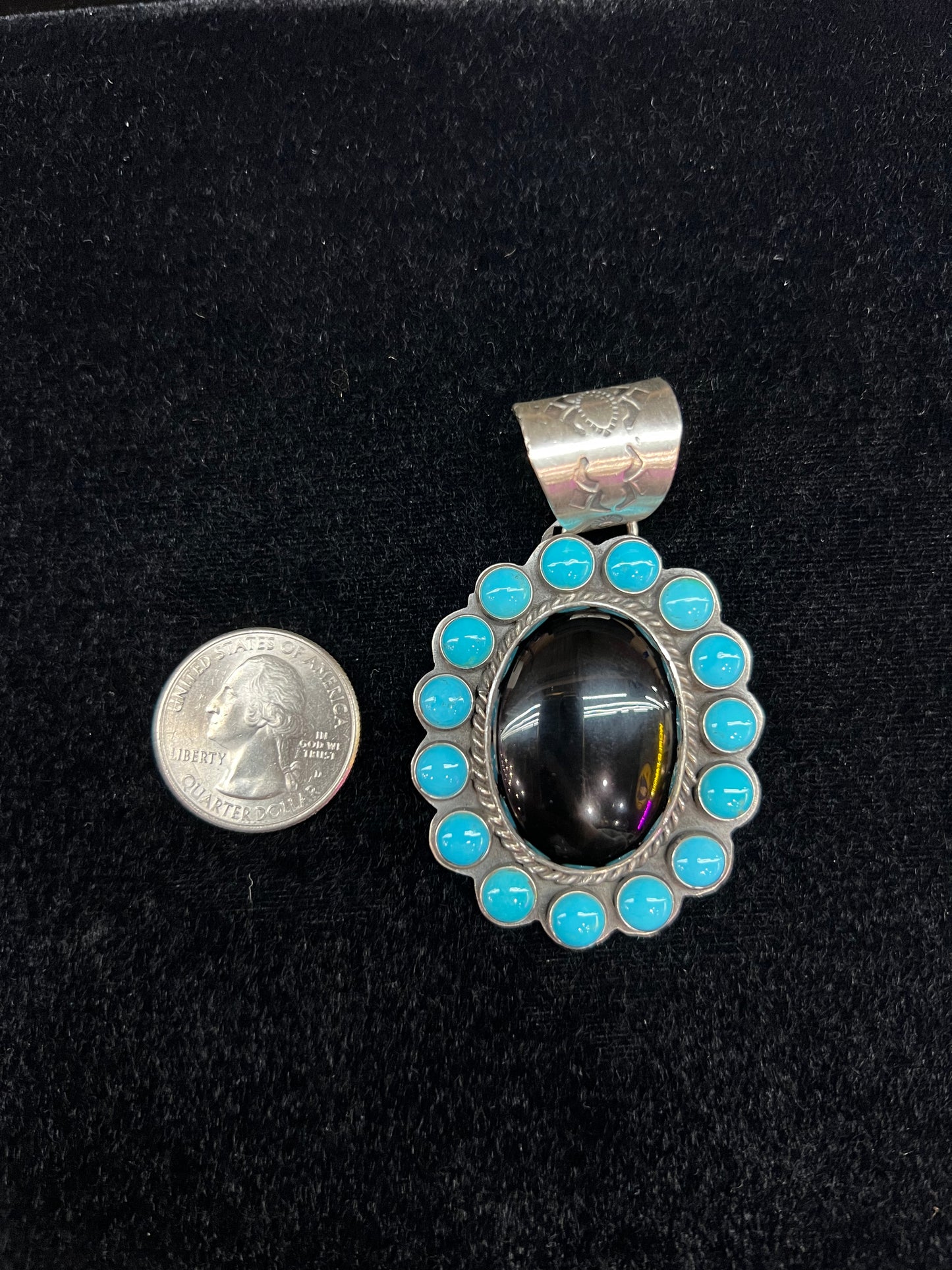 Sleeping Beauty & Onyx Pendant by Ned Nez, Navajo Made (13mm bale)