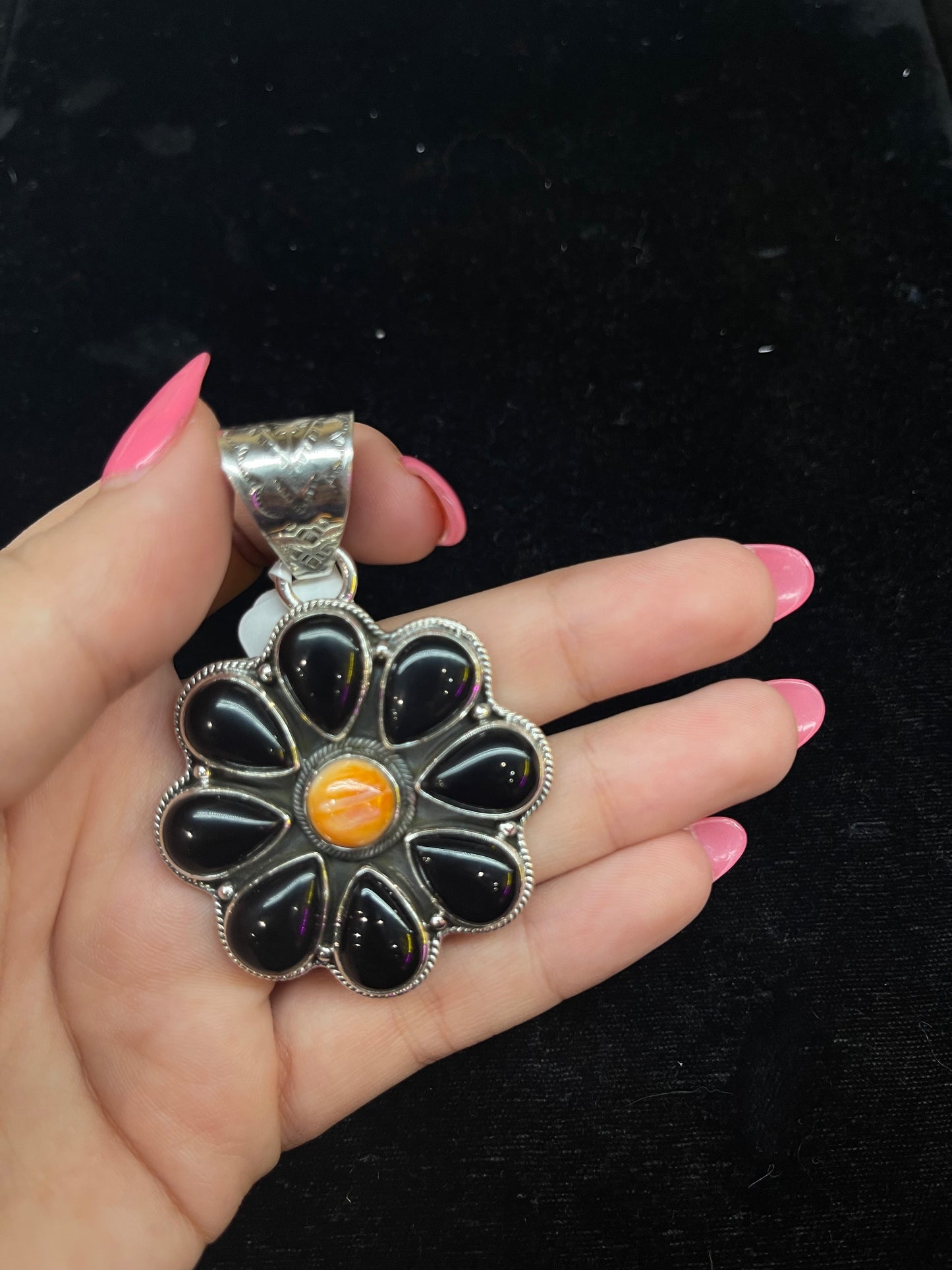 Black Onyx & Spiny Oyster Cluster Pendant by Zia