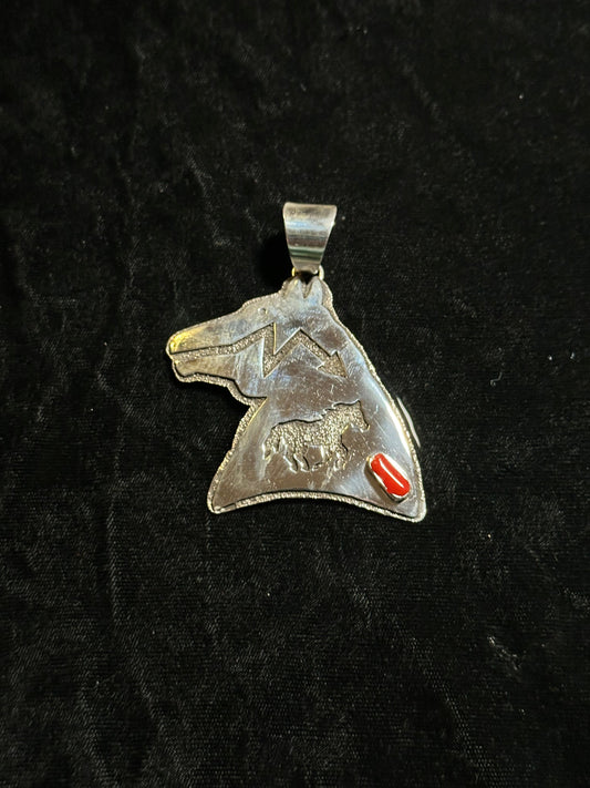Sterling Silver Horse Head Pendant with Coral Stone by Marie Jackson