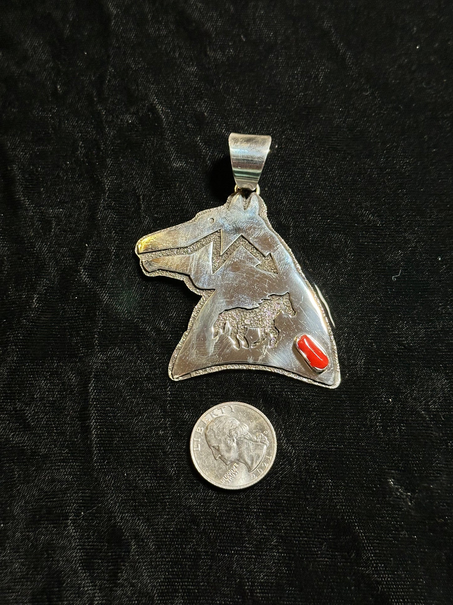 Sterling Silver Horse Head Pendant with Coral Stone by Marie Jackson