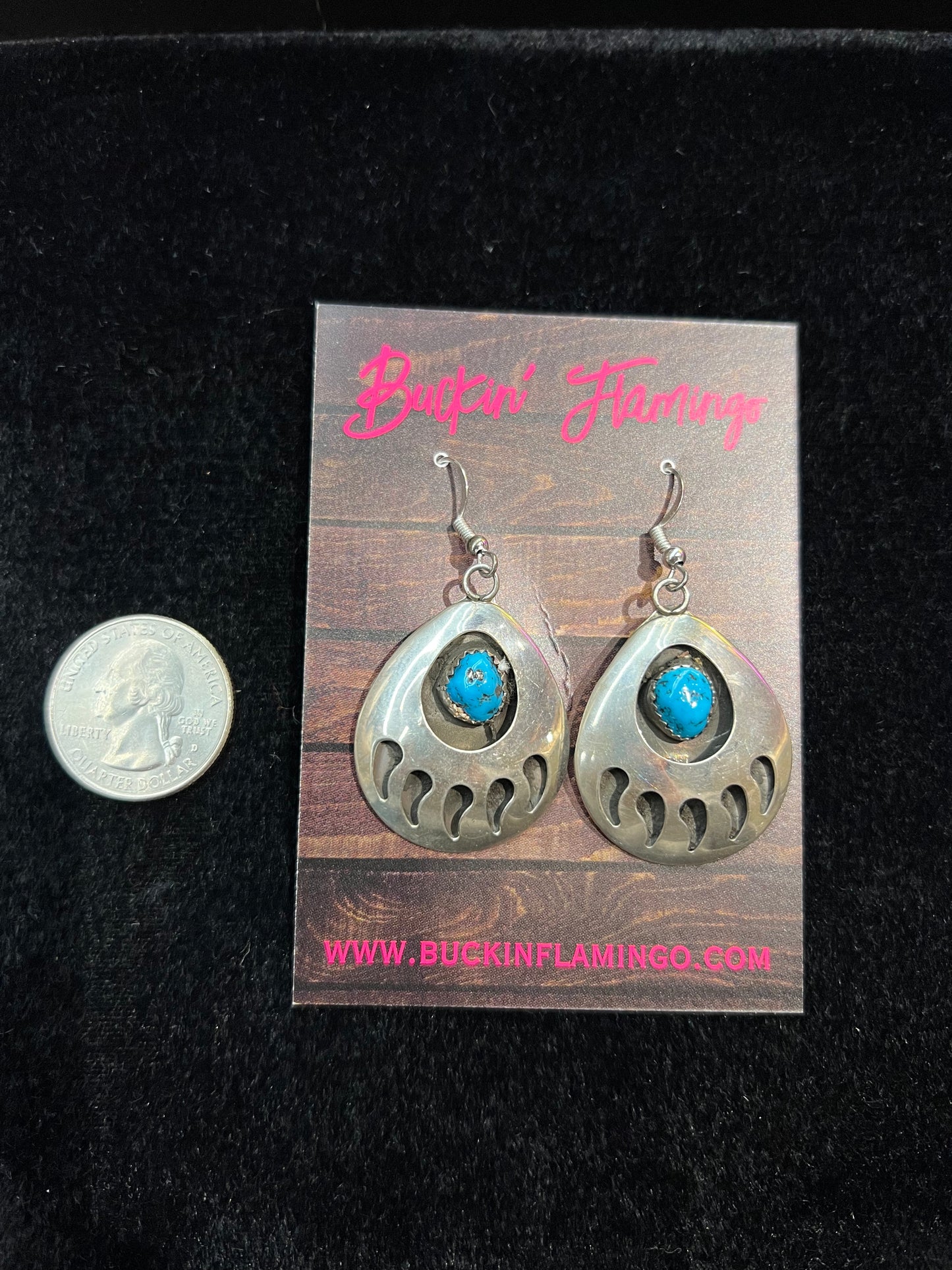 Turquoise Bear Paw Shadowbox Dangle Earrings, Navajo made (2”)