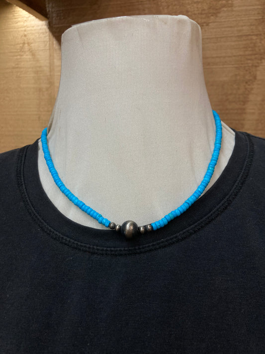 18" Bright Blue Turquoise Necklace with Navajo Pearls