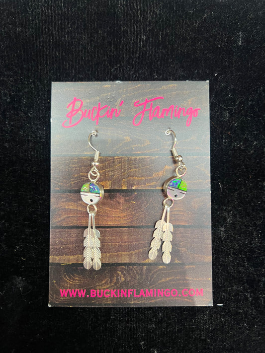 Blue and Green Opal and Feather Dangle Earrings