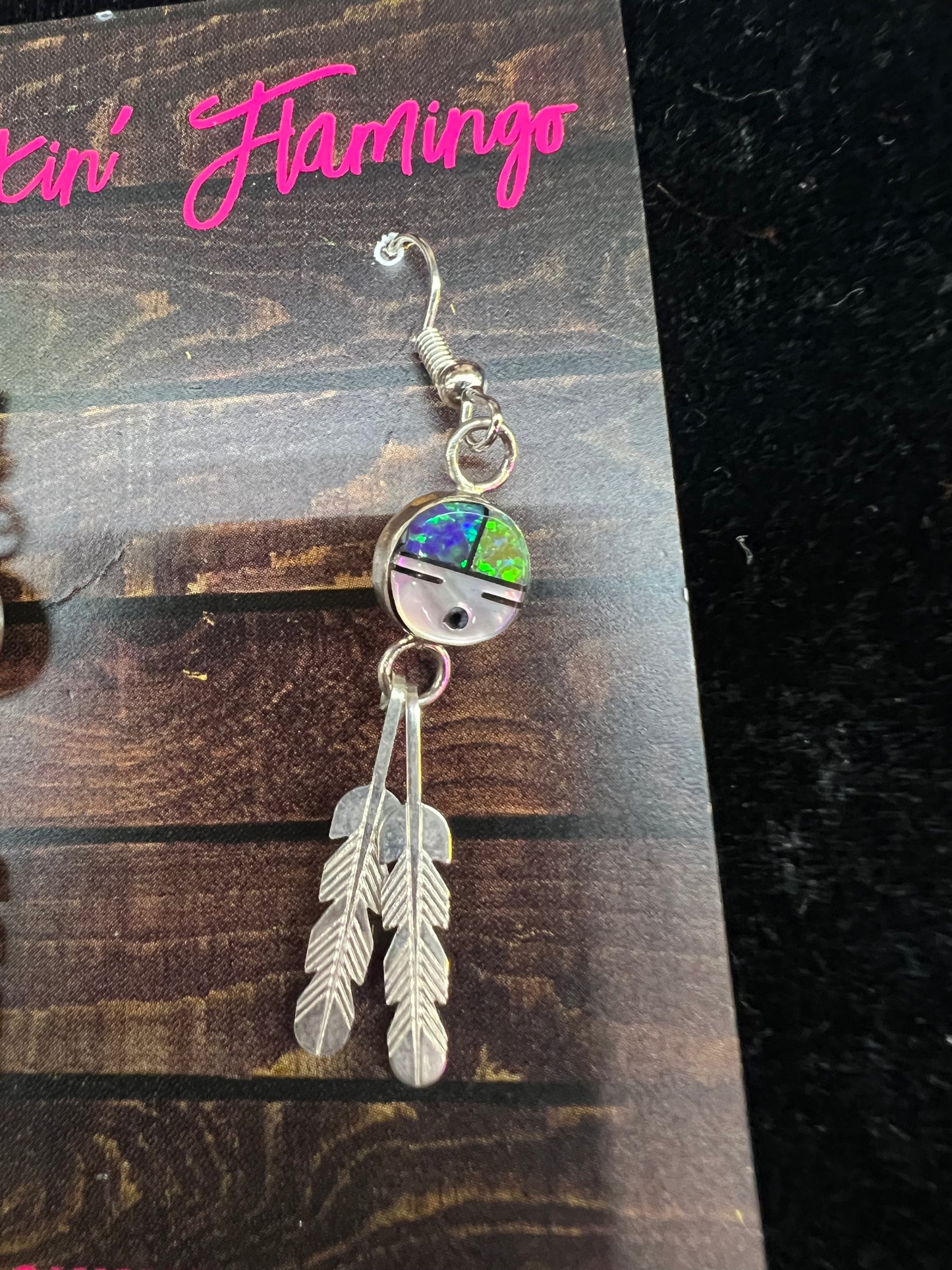 Blue and Green Opal and Feather Dangle Earrings