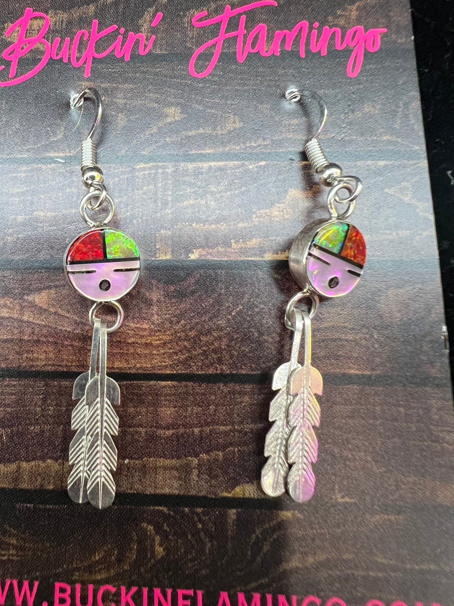 Red and Green Opal and Feather Dangle Earrings