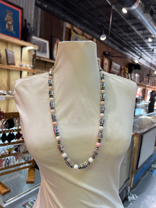 30" Pink Conch Shell and Stamped Barrel Beads