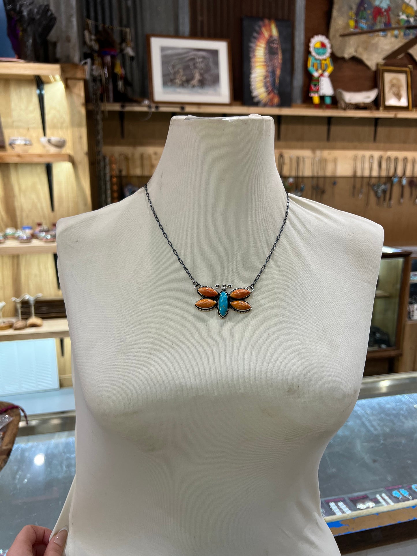 18" Natural Kingman Turquoise & Spiny Oyster Butterfly Necklace