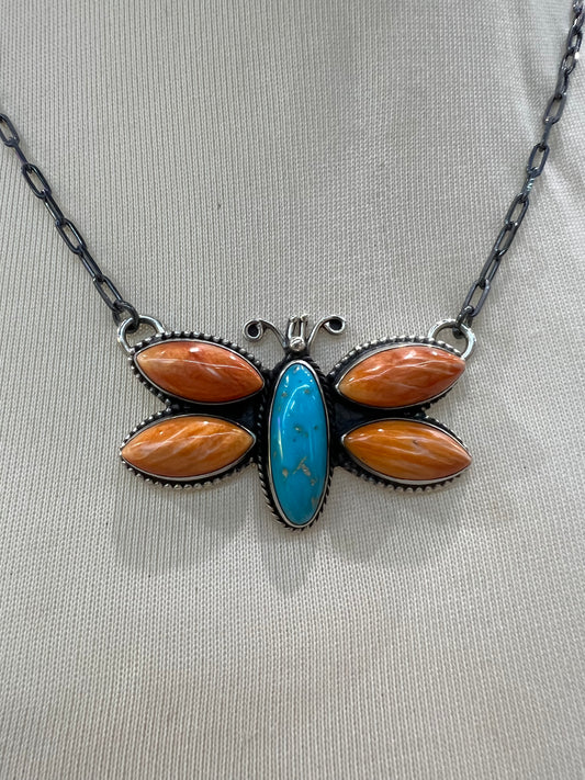 18" Natural Kingman Turquoise & Spiny Oyster Butterfly Necklace
