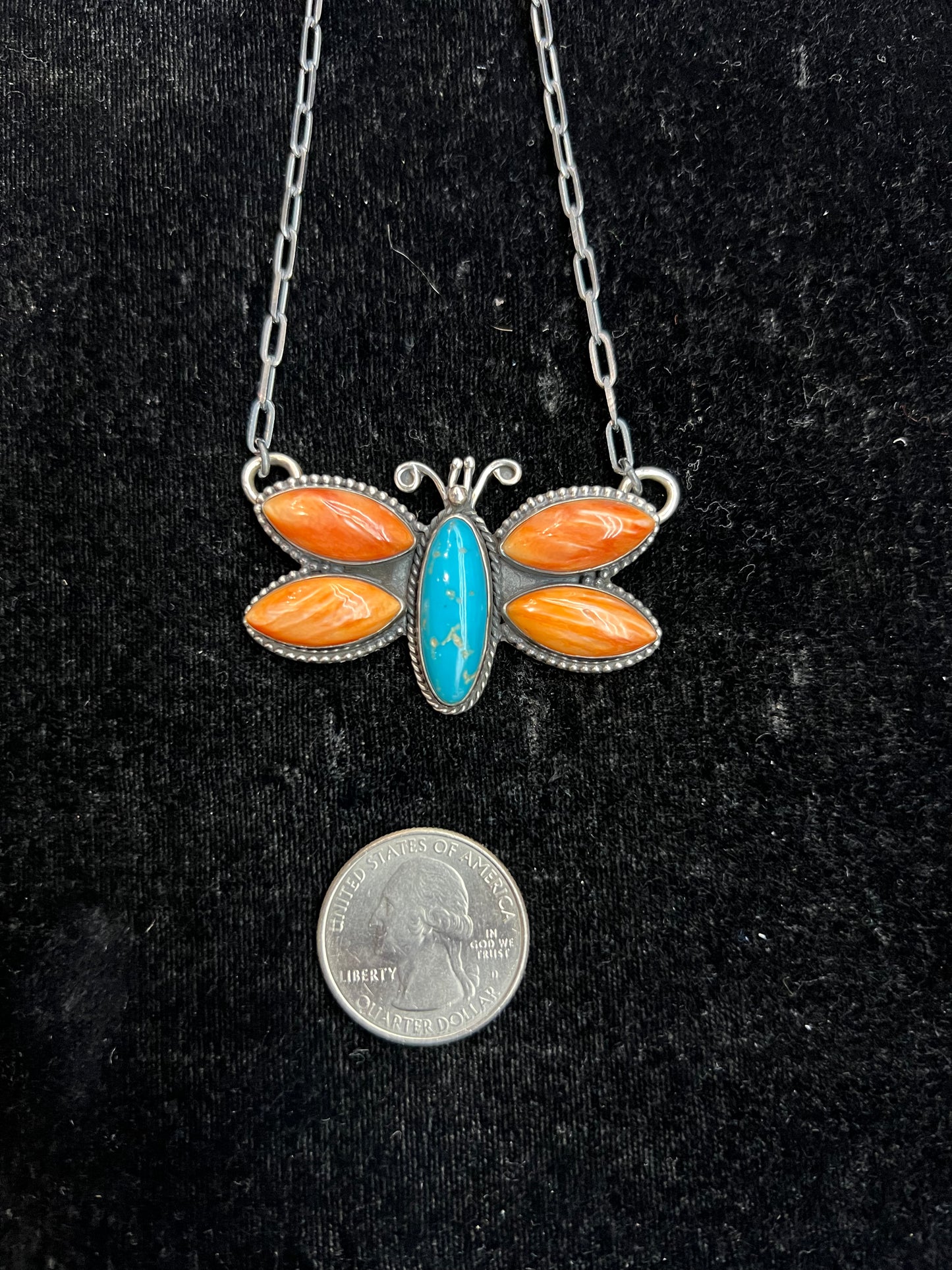 18" Natural Kingman Turquoise & Spiny Oyster Butterfly Necklace