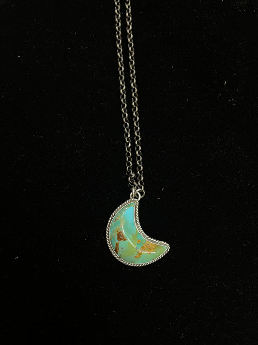 20" Kingman Turquoise Moon Necklace By Leroy James, Navajo