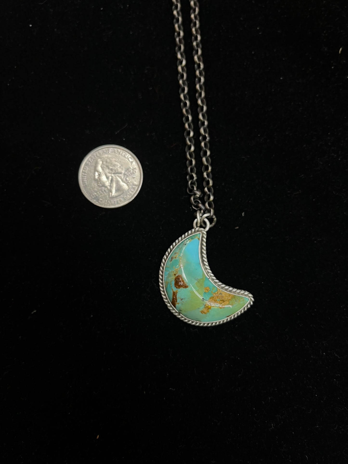 20" Kingman Turquoise Moon Necklace By Leroy James, Navajo